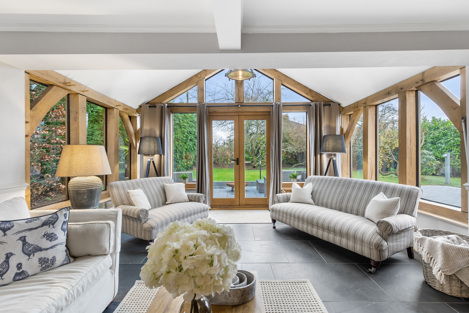 Oak-framed conservatory interior from a property video walkthrough, by Inspire Drone Media, TA Full Capture Media