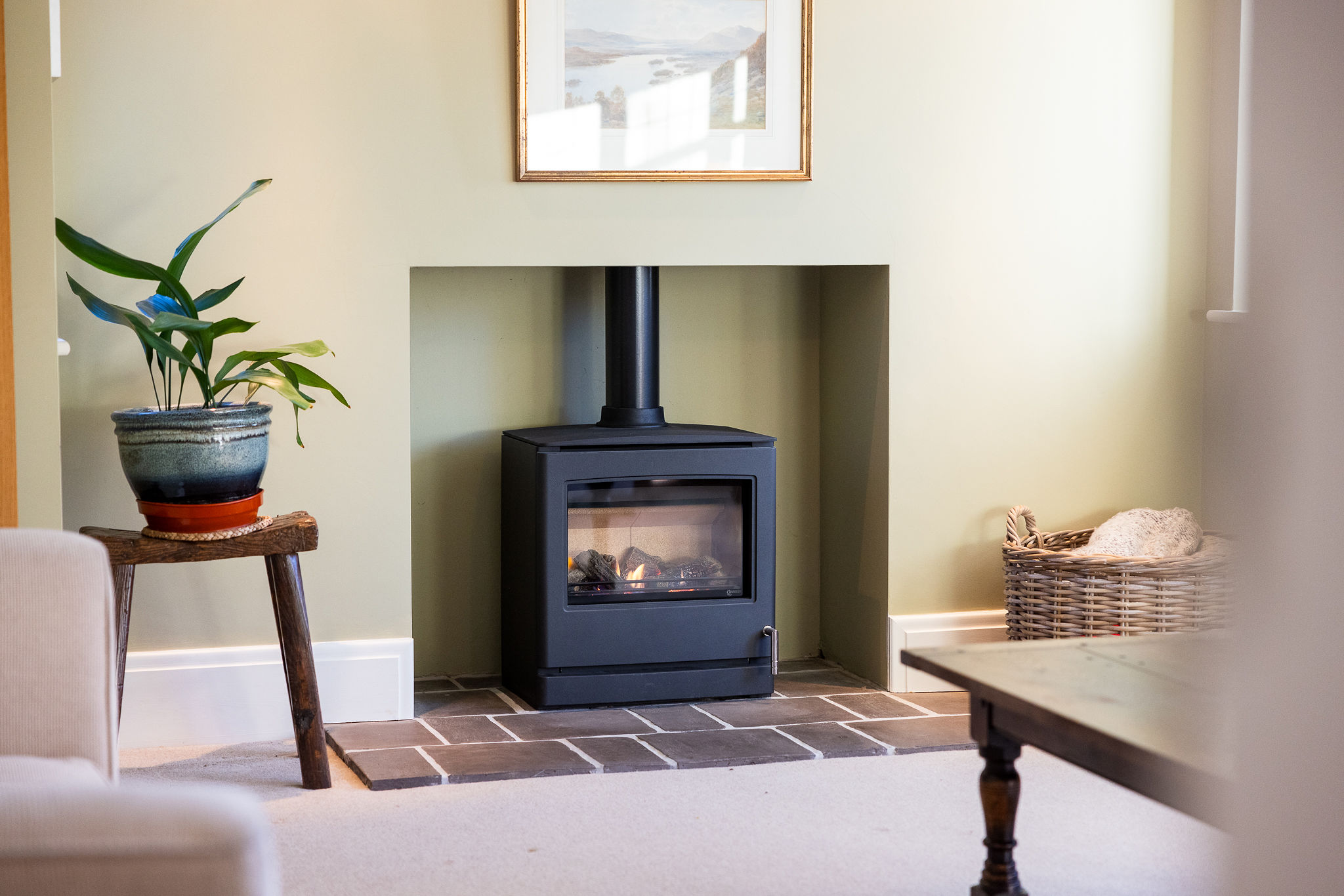 Cozy living room with wood burning stove