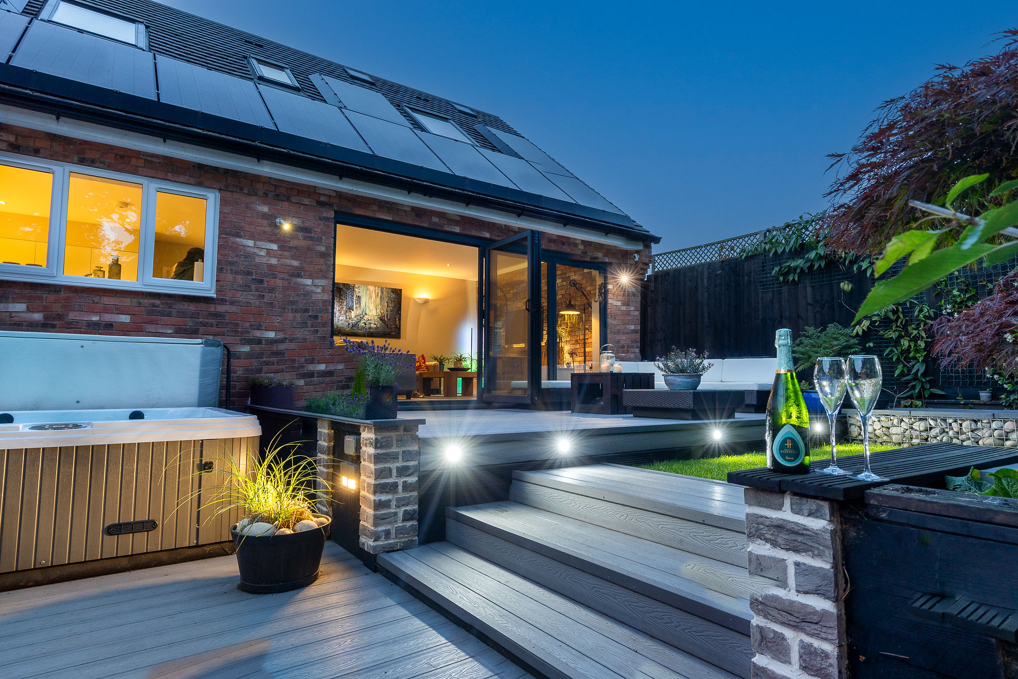Luxury garden twilight property exterior