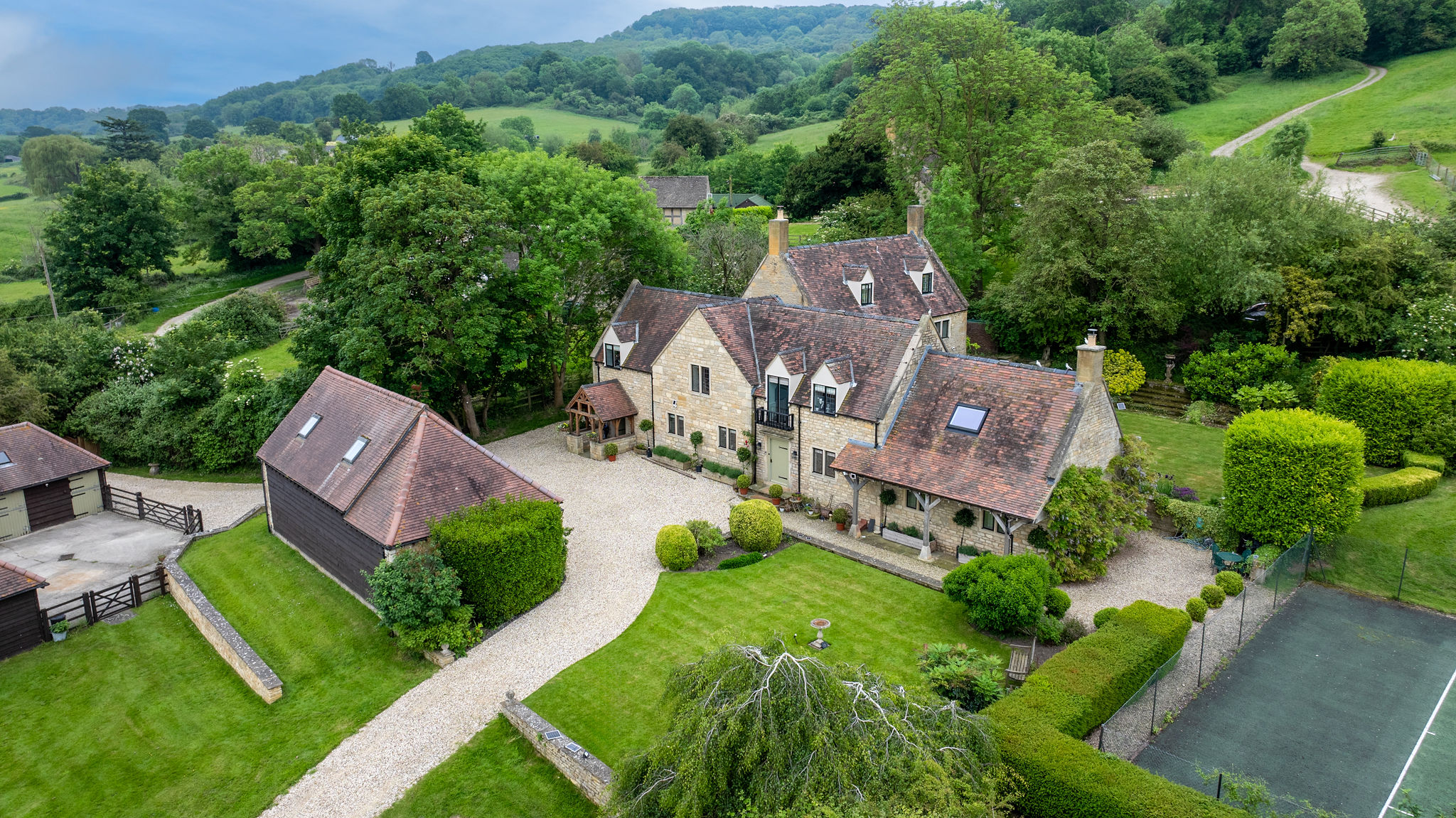 Aerial drone view of countryside property