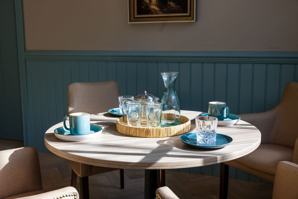 Stylish commercial dining area with elegant table setting