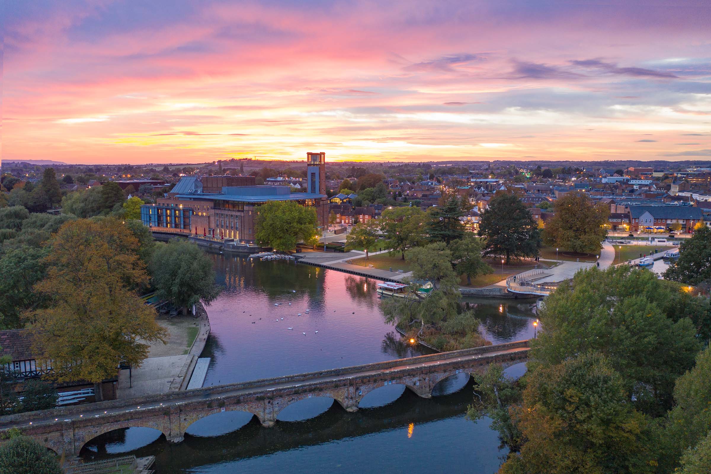 City sunset view with bridge and waterfront