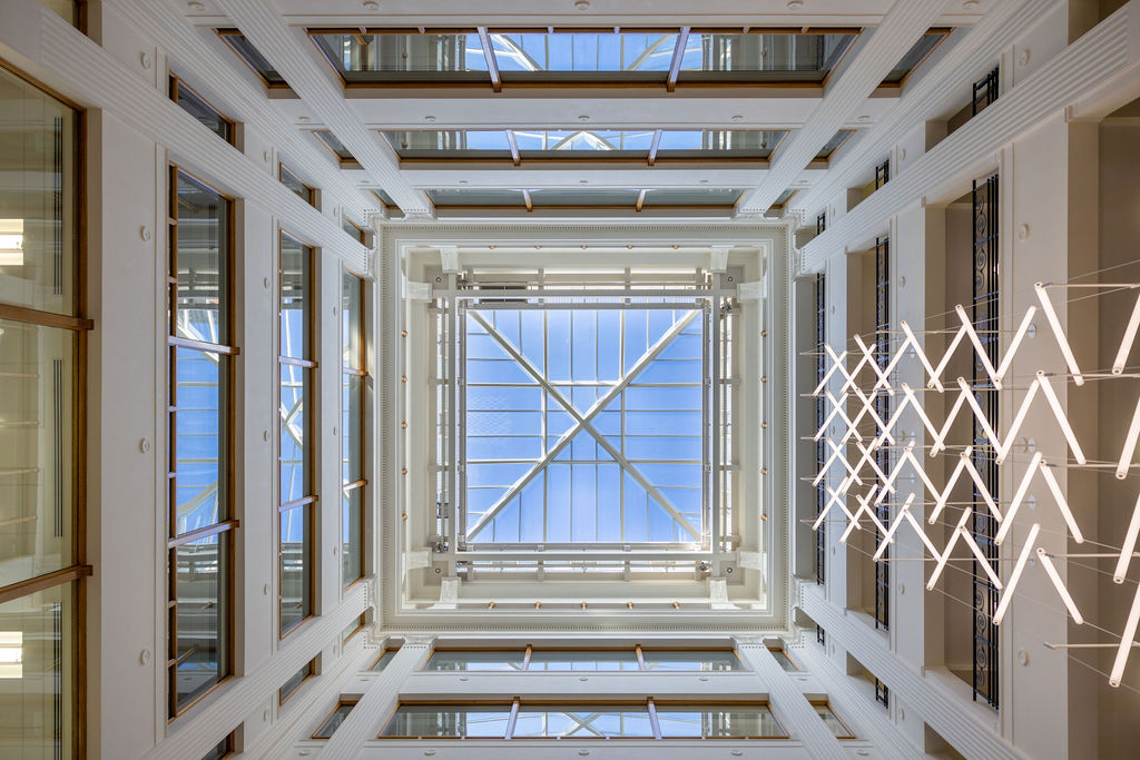 Stunning commercial building interior with geometric skylight architecture at Brindley Place